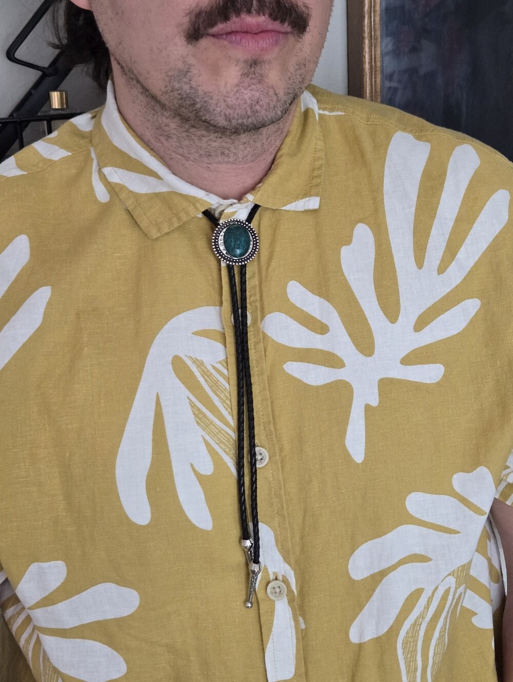 Silver Chrysocolla Scarab Western Bolo Tie Leather Braid Rockstar 70s Aesthetic